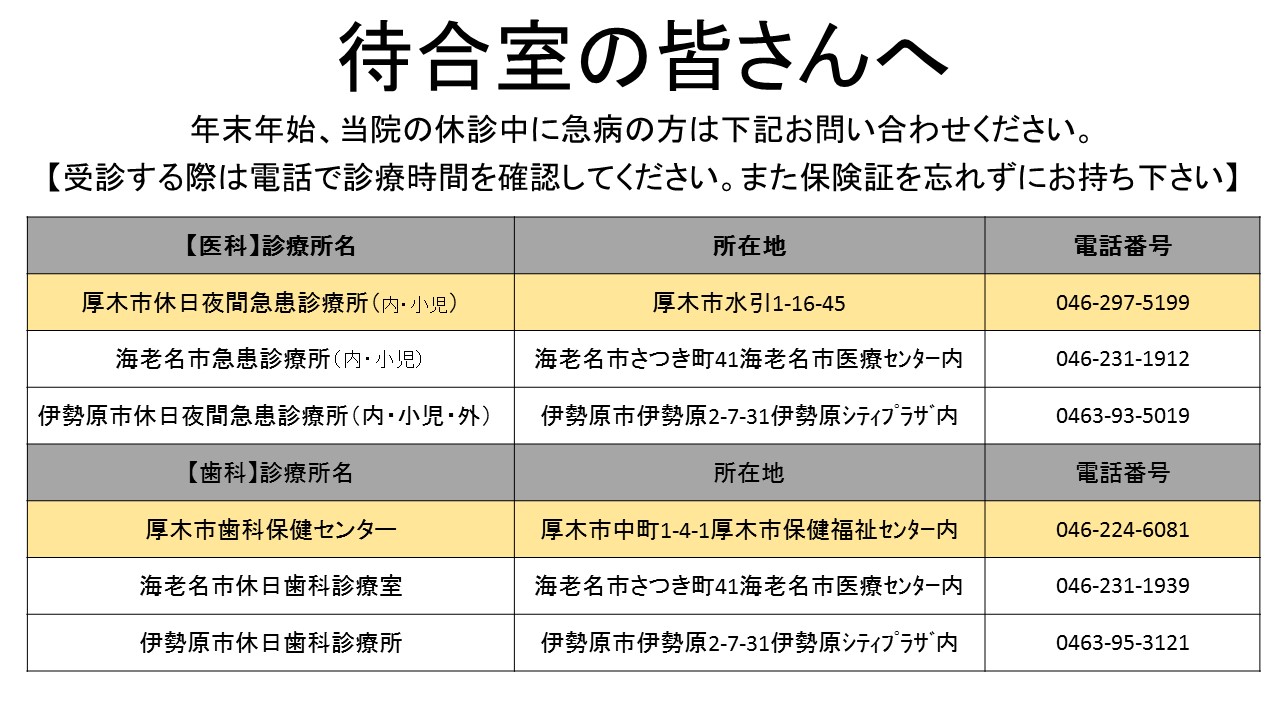 【厚木　歯医者】検索の方へ　※年末年始中の診療対応